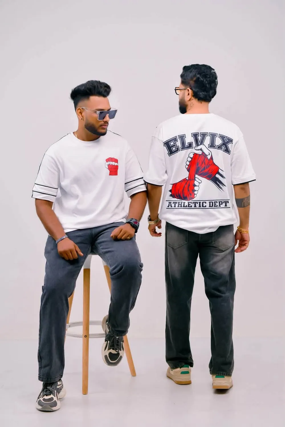 ELVIX Athletic Dept white tee, front and back