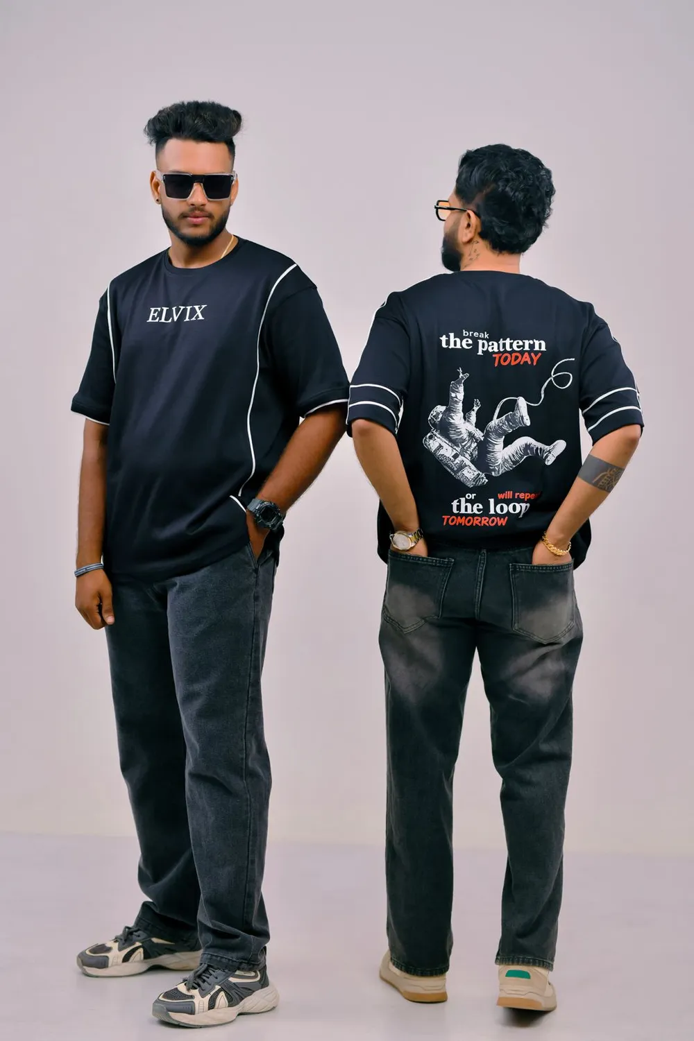 Break The Pattern black tee, front and back